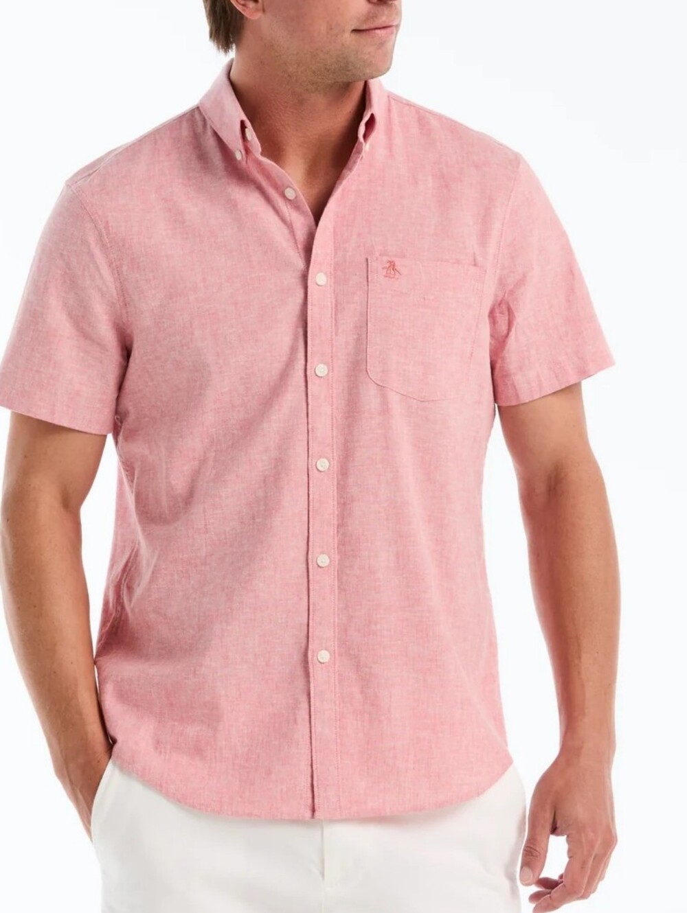 Original Penguin Men's Short-Sleeve Linen Blend Shirt in Pink